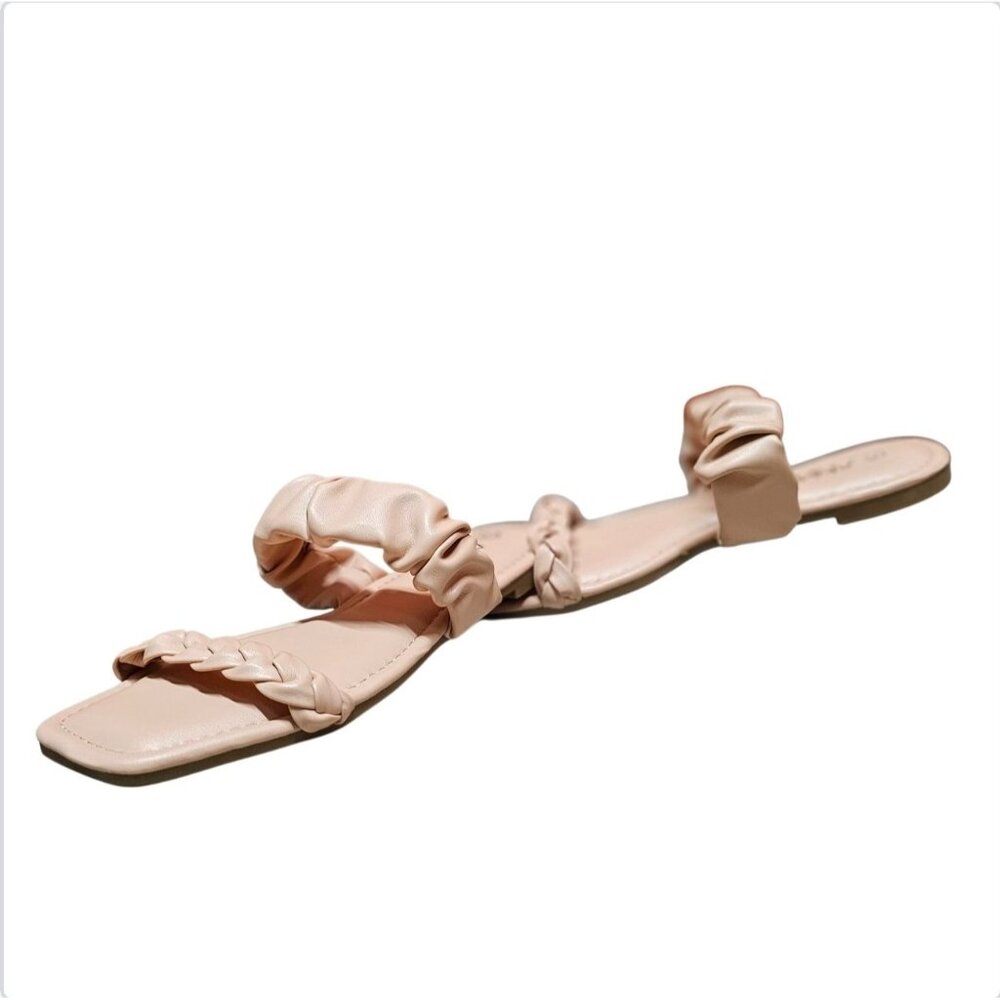 Nude Braided Strap Flat Sandals With Padded Scrunch Detail & Square Toe Design - Picture 8 of 8